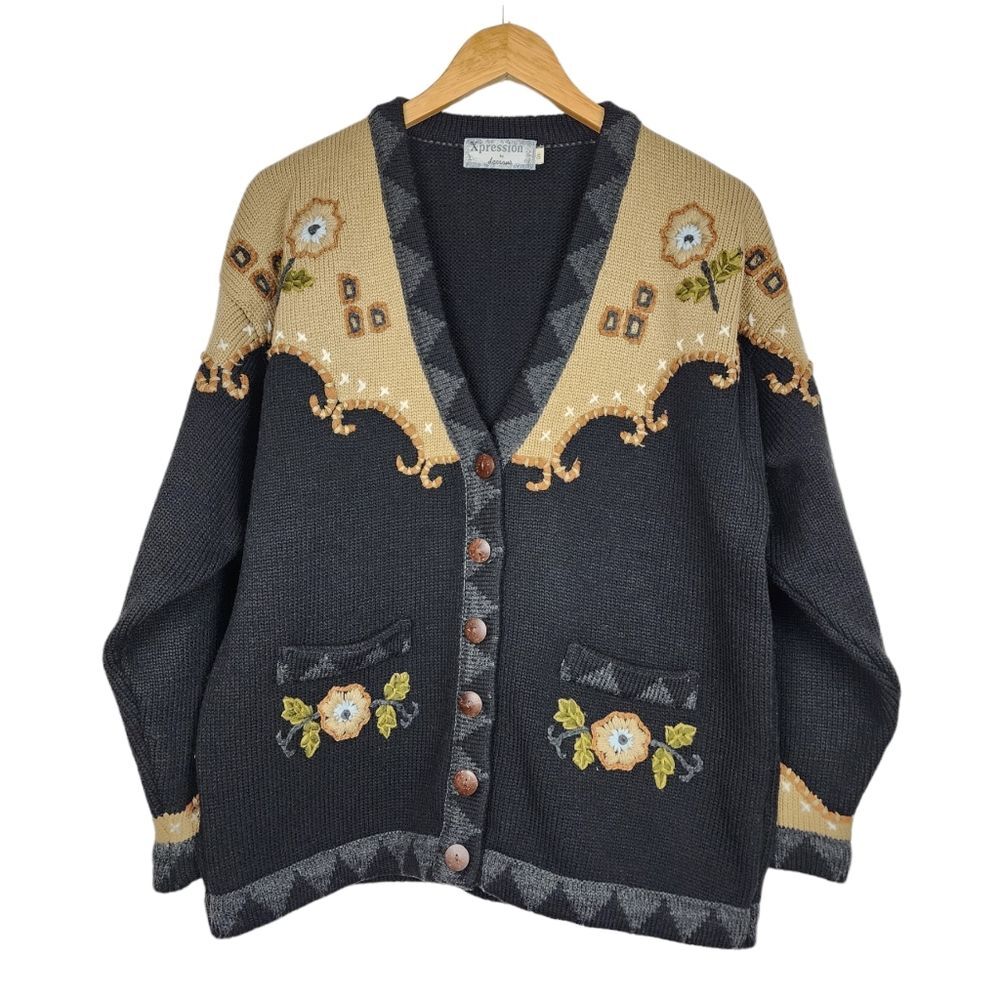 Vintage Xpression deesons Floral Embroidered Cardigan Sweater Wood Button L